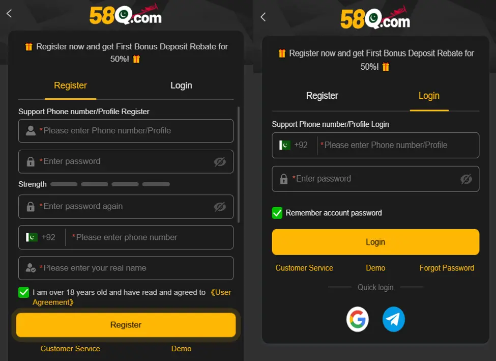 58Q Game Login and Register Page
