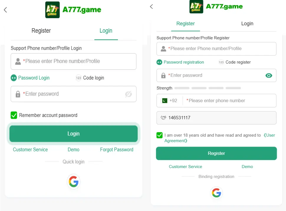 A777 APK Login and Register Page
