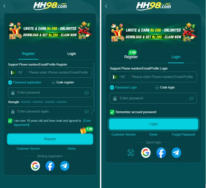 HH98 Game APK Login and Register Page