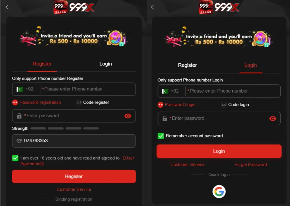 999SX Login and Register Page
