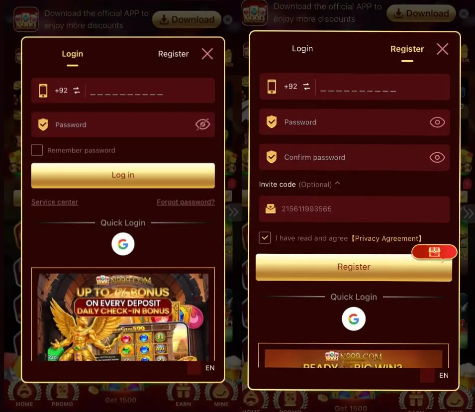 N999 Game APK Login and Register Page