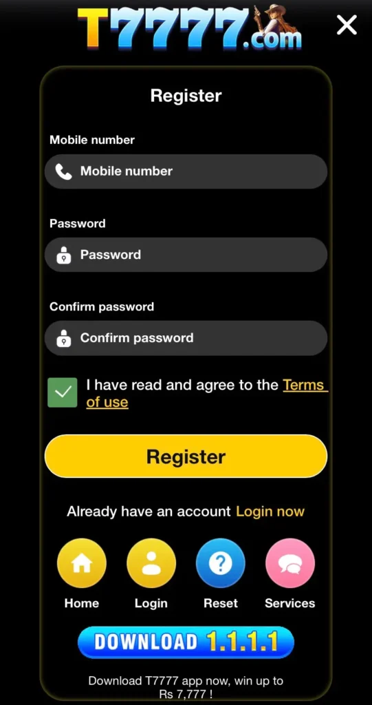 T7777 Game Register Page
