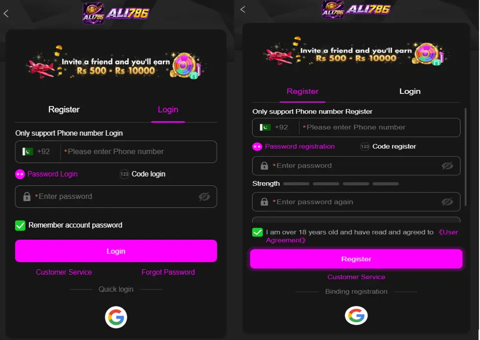 ALI786 Game APK - Login and Register Page