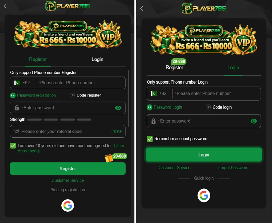 Player786 Game Login and Register
